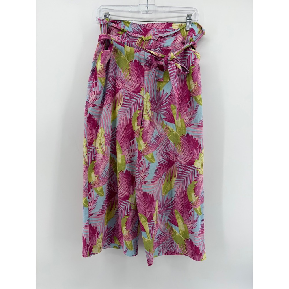 Land 'n Sea Womens M Pink Tropical Linen Blend Wide Leg Paperbag Crop Pants